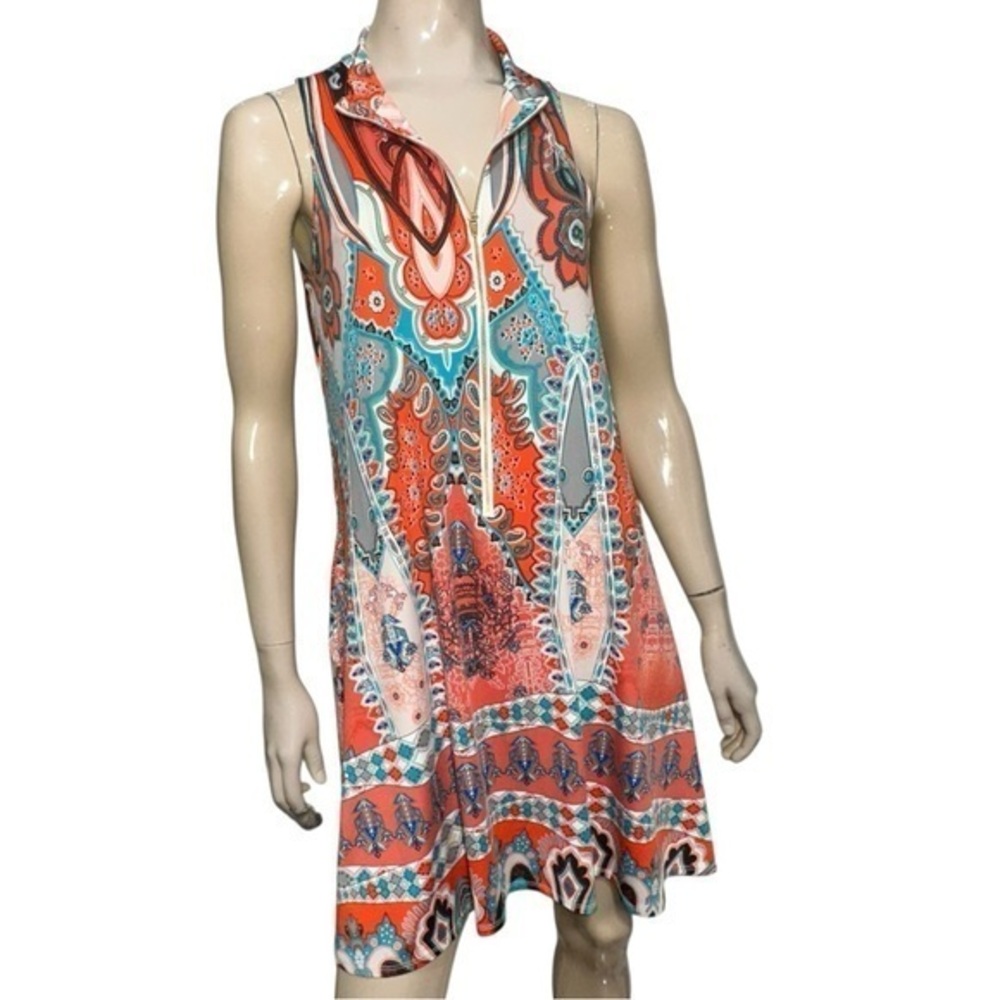 Julian Chang Women’s Size M Orange Paisley Half Zip Sleeveless Swing Dress